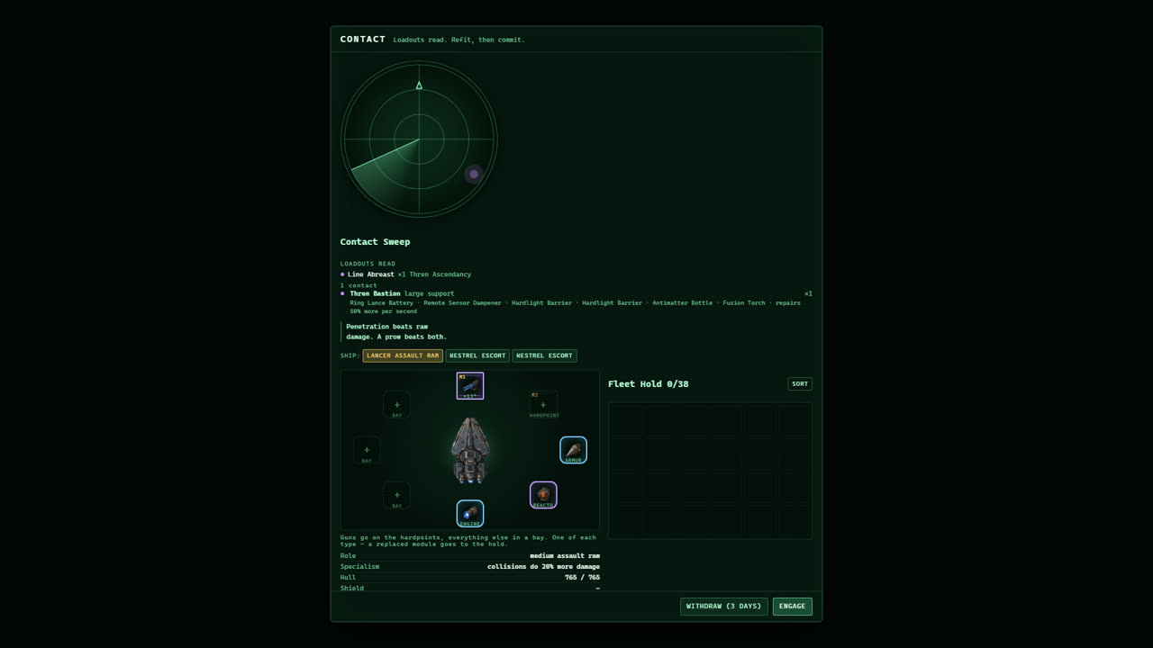 The contact sweep: a radar reading a Thren Bastion and its modules before the fight