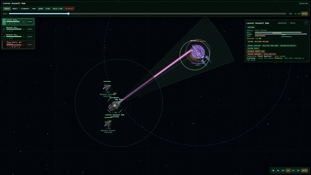 A Lancer assault ram and two escorts firing a spinal railgun at a Thren Bastion